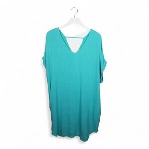 UMGEE Dress Linen Cotton V-neck V-back Rough Hem Green - Size Small
